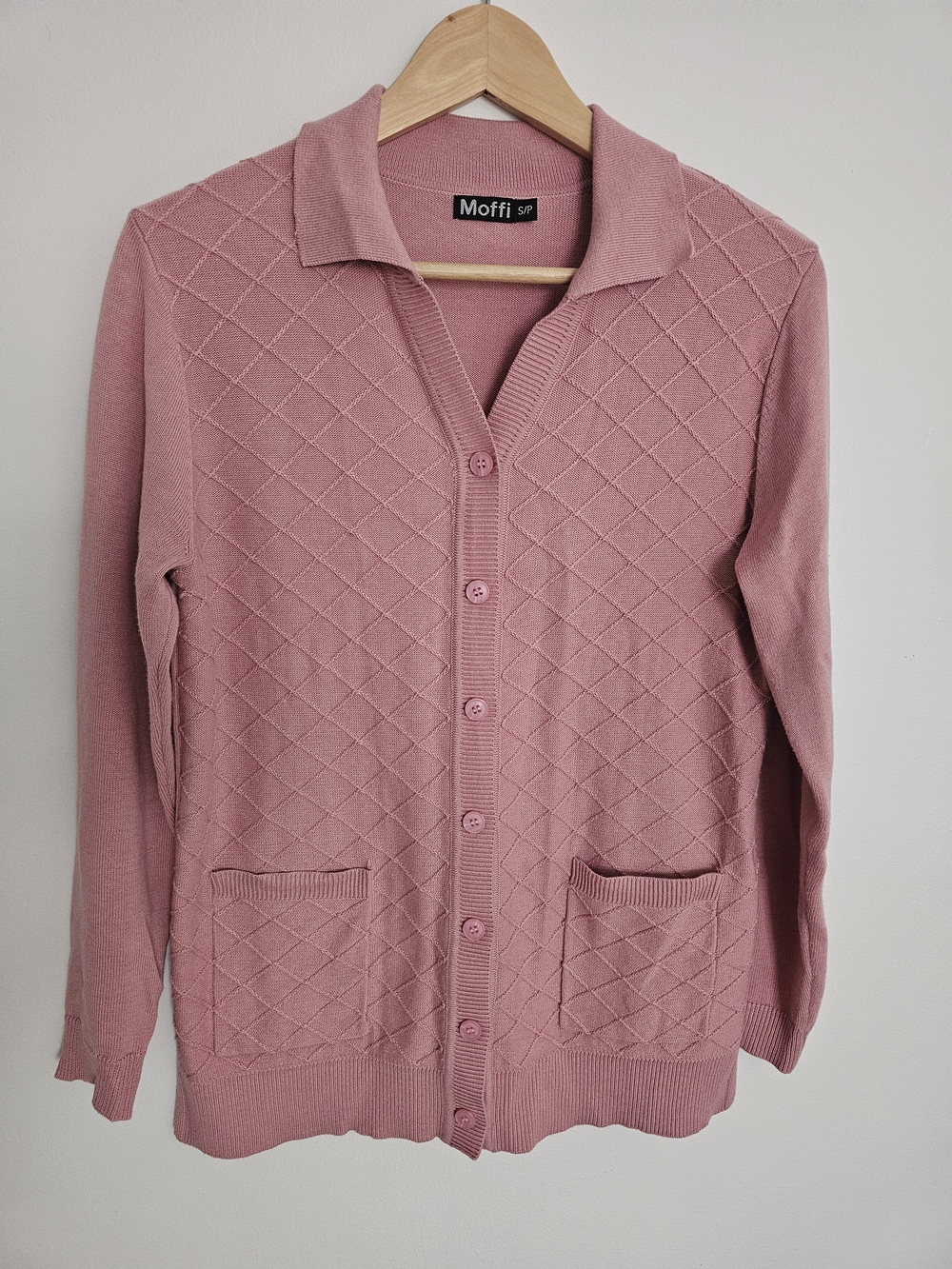 Moffi Vintage Cotton Diamond Knit Button-Up Cardigan Dusty Pink Collared Size S